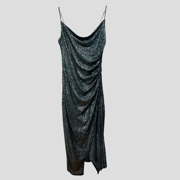 LAUNDRY by Shelli Segal Sequin Cowl Neck Slip Midi Dress Gunmetal SIZE 14 - Picture 4 of 12